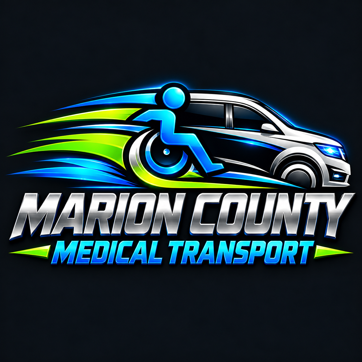Marion County Medical Transport logo with a wheelchair symbol and accessible minivan